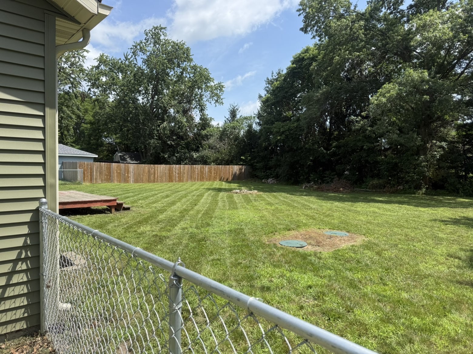 Freshly mowed backyard with crisp lawn stripes